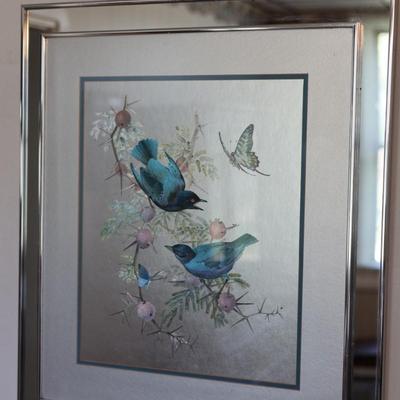 RENNA Large 1970s Birds on Flowering Branch Foil Art