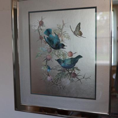 RENNA Large 1970s Birds on Flowering Branch Foil Art