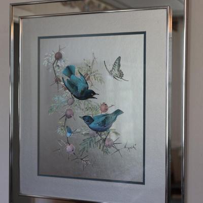 RENNA Large 1970s Birds on Flowering Branch Foil Art