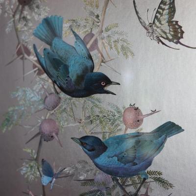RENNA Large 1970s Birds on Flowering Branch Foil Art