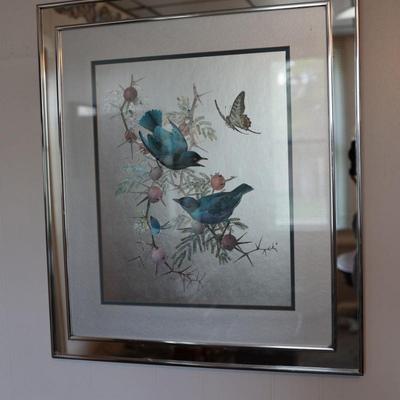 RENNA Large 1970s Birds on Flowering Branch Foil Art