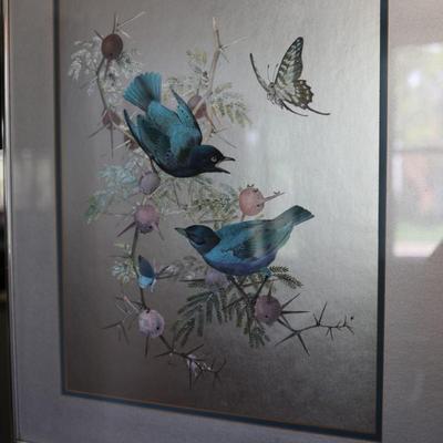 RENNA Large 1970s Birds on Flowering Branch Foil Art