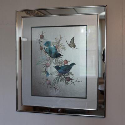 RENNA Large 1970s Birds on Flowering Branch Foil Art