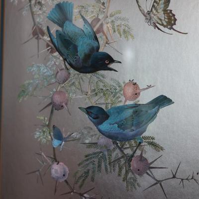 RENNA Large 1970s Birds on Flowering Branch Foil Art