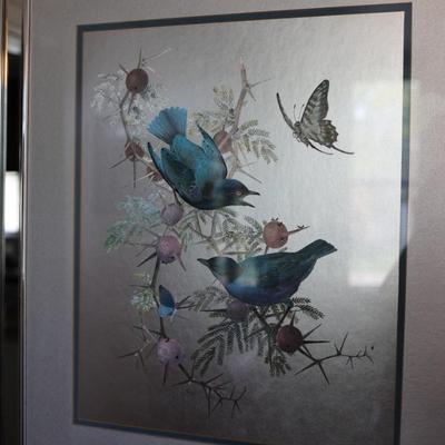 RENNA Large 1970s Birds on Flowering Branch Foil Art