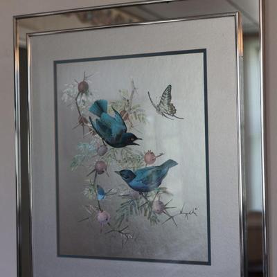 RENNA Large 1970s Birds on Flowering Branch Foil Art