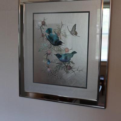 RENNA Large 1970s Birds on Flowering Branch Foil Art