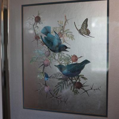 RENNA Large 1970s Birds on Flowering Branch Foil Art