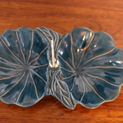 MCM Ceramic Teal Blue Relish Dish with Handle