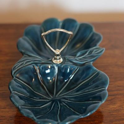 MCM Ceramic Teal Blue Relish Dish with Handle