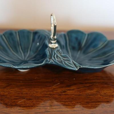 MCM Ceramic Teal Blue Relish Dish with Handle