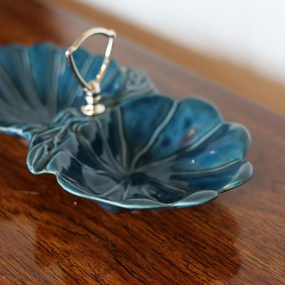 MCM Ceramic Teal Blue Relish Dish with Handle