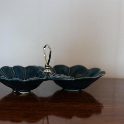 MCM Ceramic Teal Blue Relish Dish with Handle