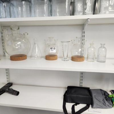 Lot of 7 Lab Glasses Bottles Pyrex & Sodium Hydroxide Acid  Sulphuric