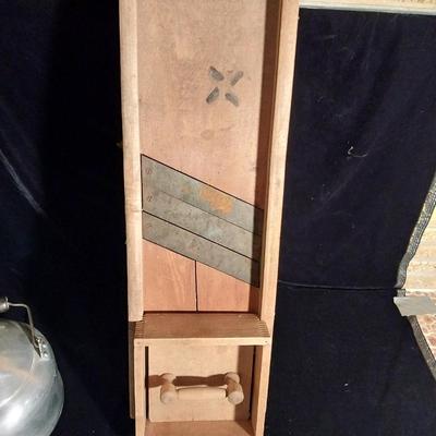 LARGE ANTIQUE WOODEN CABBAGE SLICER AND A KETTLE