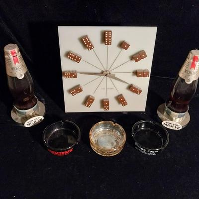 DICE CLOCK, 3 ASHTRAYS AND 2 SEALED BOTTLES OF BEER