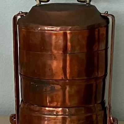 Vintage Copper Tiffin Box With Brass Handle