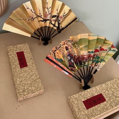 Two Vintage Asian Fans With Stands And Original Boxes