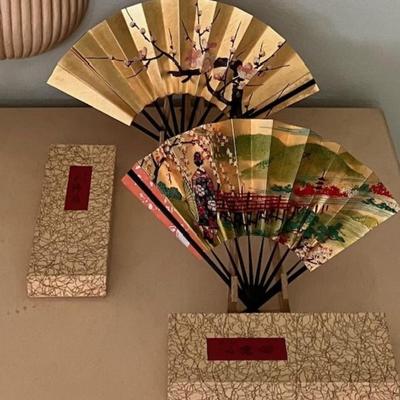 Two Vintage Asian Fans With Stands And Original Boxes