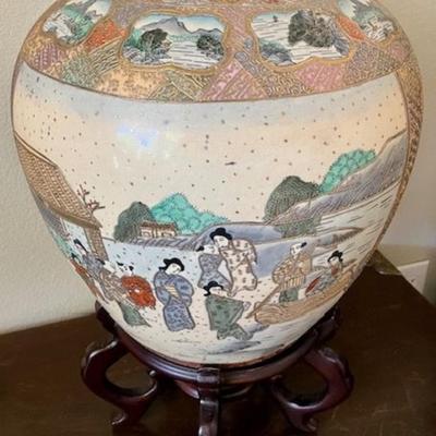 Large Asian Vase With Wooden Stand