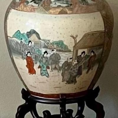 Large Asian Vase With Wooden Stand