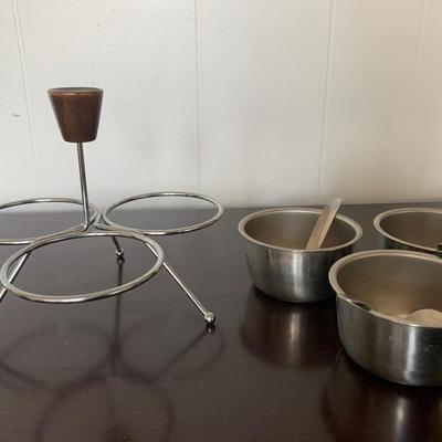 MCM Condiment Relish 3-Bowl Serving Caddy with Three Spoons & Wood Handle
