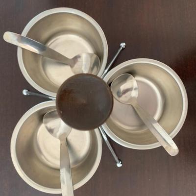 MCM Condiment Relish 3-Bowl Serving Caddy with Three Spoons & Wood Handle