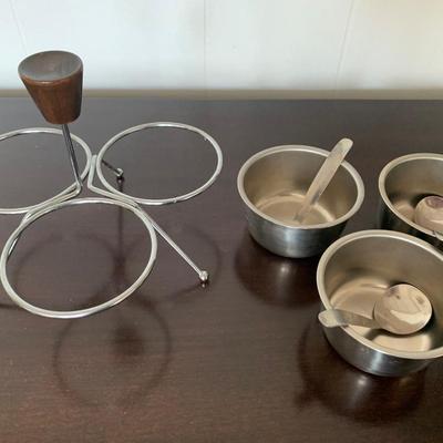 MCM Condiment Relish 3-Bowl Serving Caddy with Three Spoons & Wood Handle