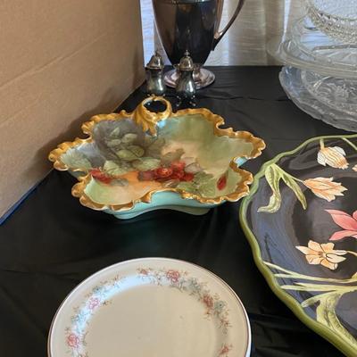 Vintage hand painted large plates  egg dish and crystal bowl