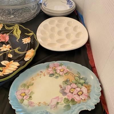 Vintage hand painted large plates  egg dish and crystal bowl