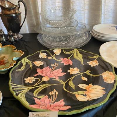 Vintage hand painted large plates  egg dish and crystal bowl
