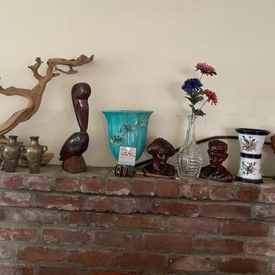 Wood Glass and metal, mantle decor pieces