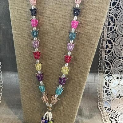 Vintage Beaded Tassel Necklace Multi Colored