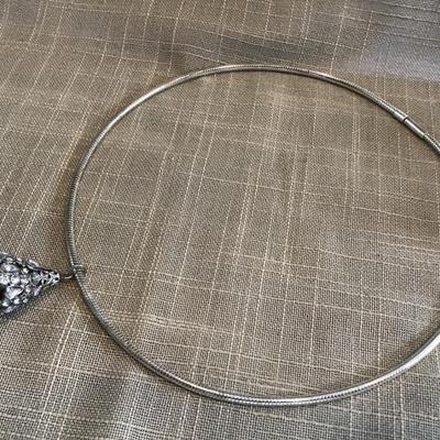 Large  Sparkling Pendant Silver Tone  Locking Braided Type Necklace