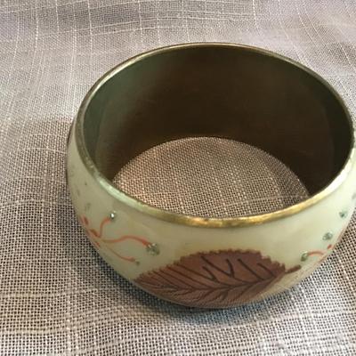 Vintage Hand Painted Brass Resin Glazed Wide Autumn ðŸ‚ Bangle Bracelet