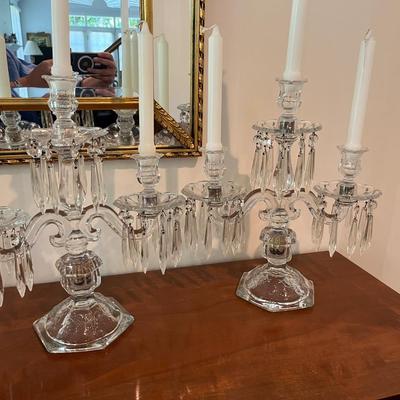 PAIR OF CRYSTAL 3 ARM CANDELABRA WITH CRYSTAL PRISMS