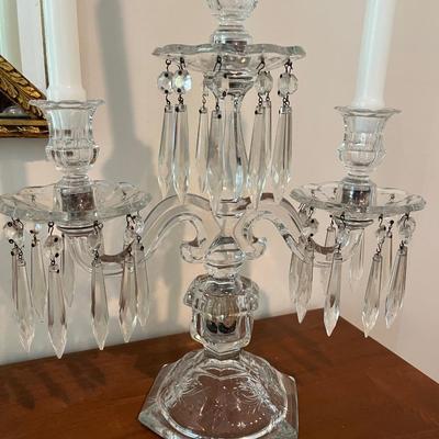 PAIR OF CRYSTAL 3 ARM CANDELABRA WITH CRYSTAL PRISMS
