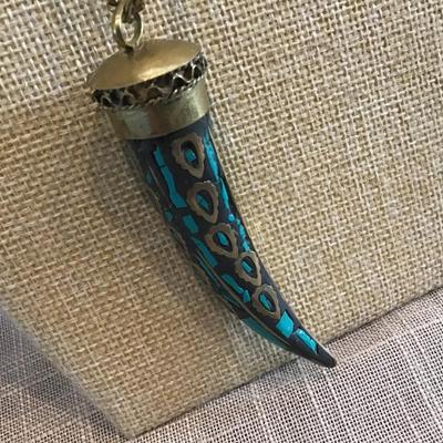 Gold Tone Turquoise Type Large  Lucky Horn Pendant Necklace