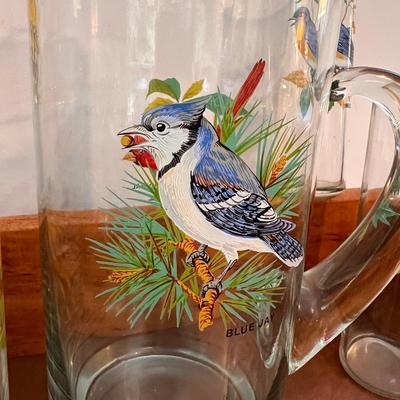Vintage West Virginia Songbirds Painted Pitcher 5 Glass Set