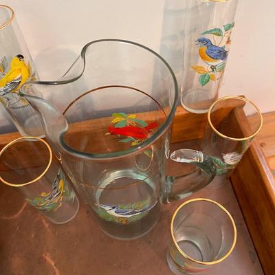 Vintage West Virginia Songbirds Painted Pitcher 5 Glass Set