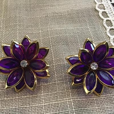 Vintage Jewel Tone Bezel Set Acrylic Flower Faux Diamond Gold Tone Earrings
