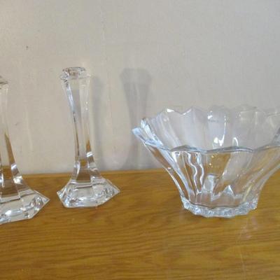 St. Louis France Crystal Candle Sticks & Unmarked Crystal Bowl - A