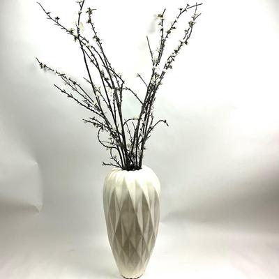 819 White Geometric Pottery Vase with Cherry Blossoms