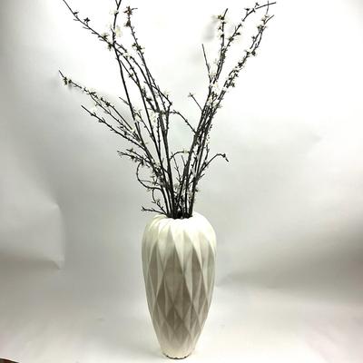 819 White Geometric Pottery Vase with Cherry Blossoms