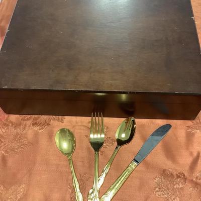 Gold-plated Never Used Flatware in wooden flatware chest -Estia 