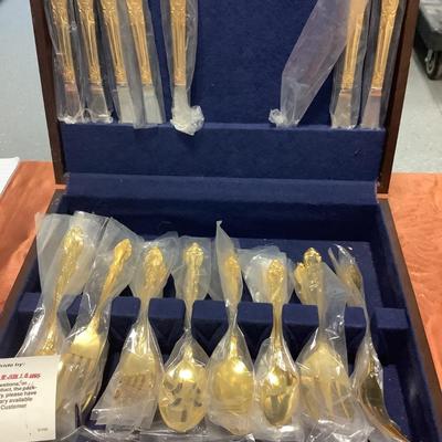 Gold-plated Never Used Flatware in wooden flatware chest -Estia 