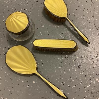 RARE Art Nouveau Sterling Silver Antique Yellow Enamel 4 pieces Vanity/ Dresser Set