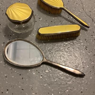 RARE Art Nouveau Sterling Silver Antique Yellow Enamel 4 pieces Vanity/ Dresser Set