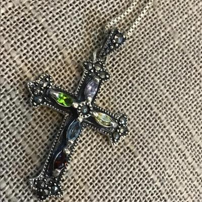 925 Cross Pendant with colored Stones 925 Silver Chain