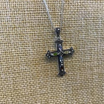 925 Cross Pendant with colored Stones 925 Silver Chain